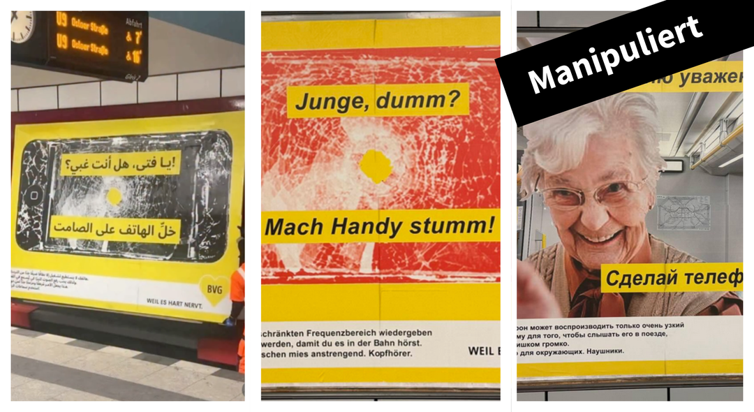 Collage von drei Motiven aus der falschen BVG-Kampagne mit dem Label „Manipuliert“ darüber
