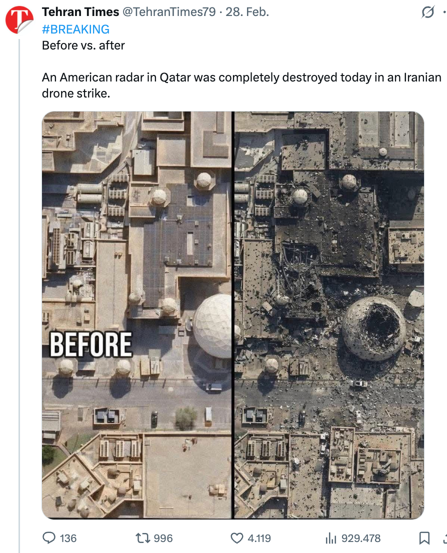 Auf X teilt die Tehran Times diese Collage. Das Bild auf der rechten Seite ist jedoch nicht echt. 