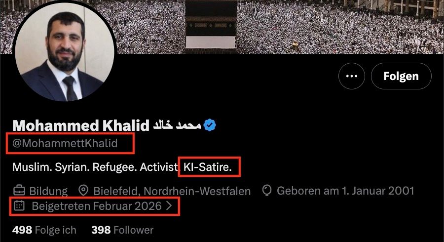 Markierungen zeigen die Stellen, an denen sich erkennen lässt, dass das X-Profil den Beitrag wahrscheinlich nicht ernst meint