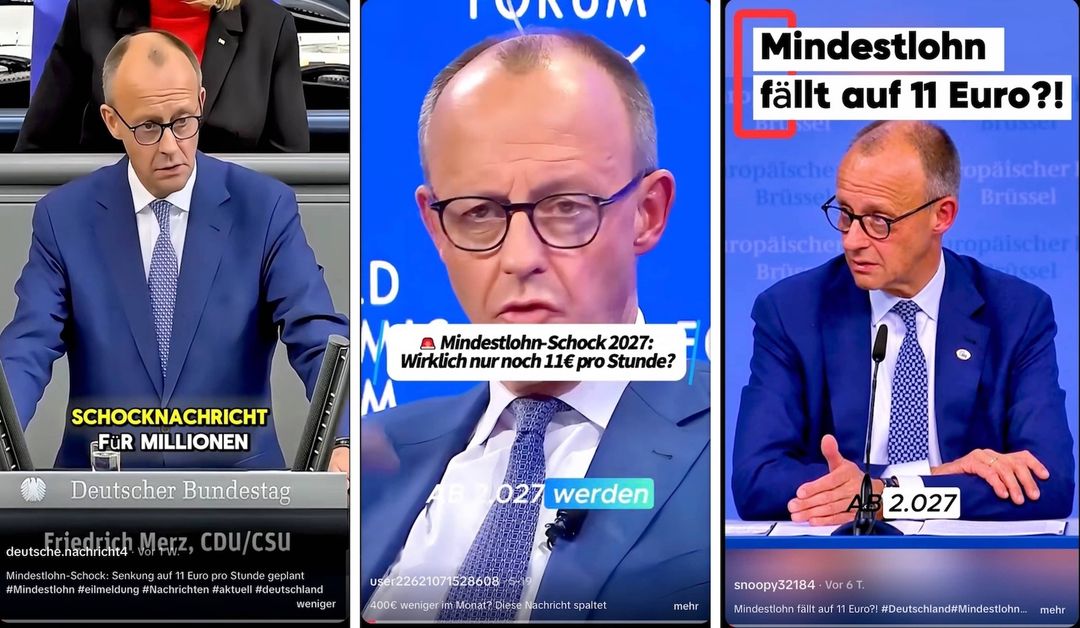 Collage von drei Tiktok-Fake-Beiträgen, die Friedrich Merz auf unterschiedlichen Veranstaltungen zeigen, während derselbe Satz zu hören ist