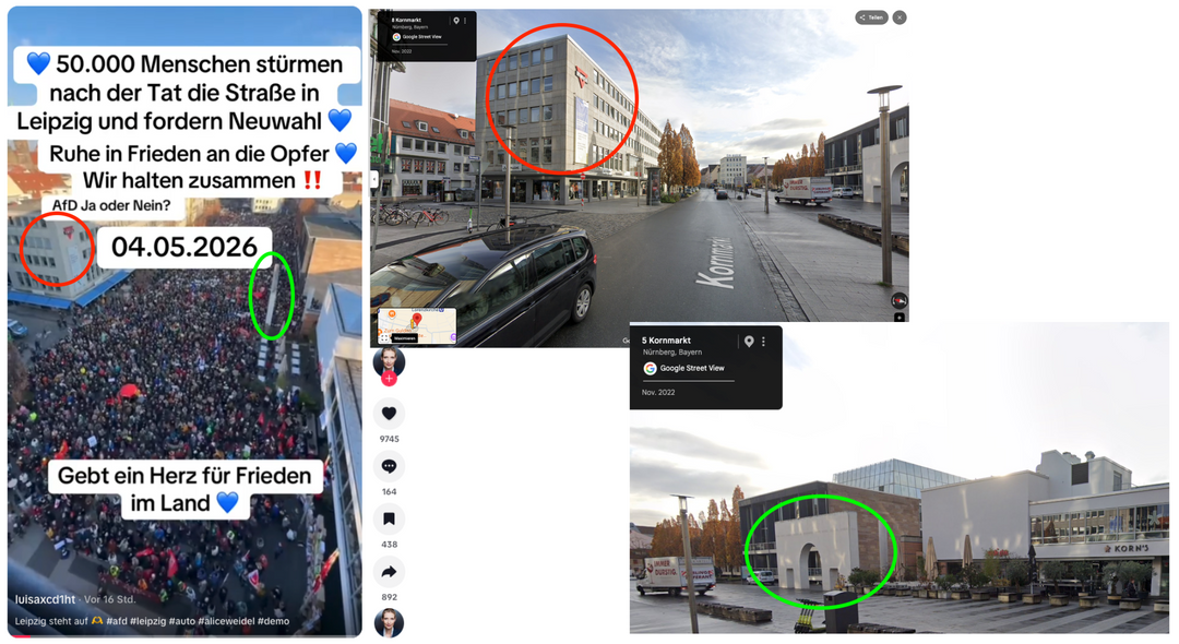 Drei Bilder zeigen, dass das Tiktok-Video eigentlich in Nürnberg entstanden sind.