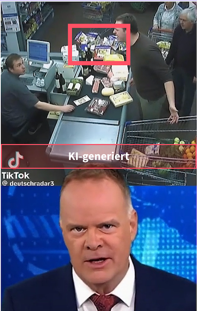 Den Deepfake erkennt man unter anderem daran, dass die Einkaufswaren auf dem Kassenband ineinander verschmelzen (Quelle: Tiktok; Screenshot und Markierung: CORRECTIV.Faktencheck)
