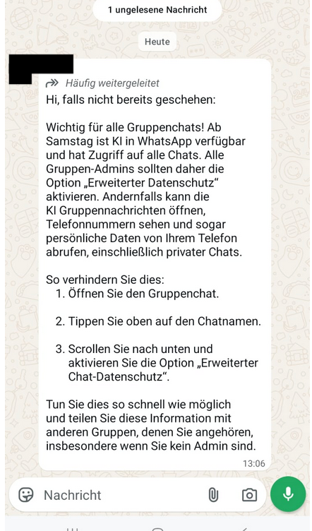 Screenshot des Kettenbriefs auf Whatsapp