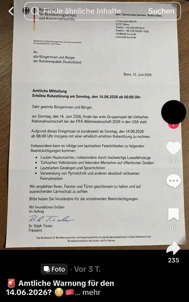 Auf Tiktok verbreitet sich ein gefälschtes Schreiben des Bundesamts für Bevölkerungsschutz und Katastrophenhilfe (Quelle: Tiktok; Screenshot und Schwärzungen: CORRECTIV.Faktencheck)
