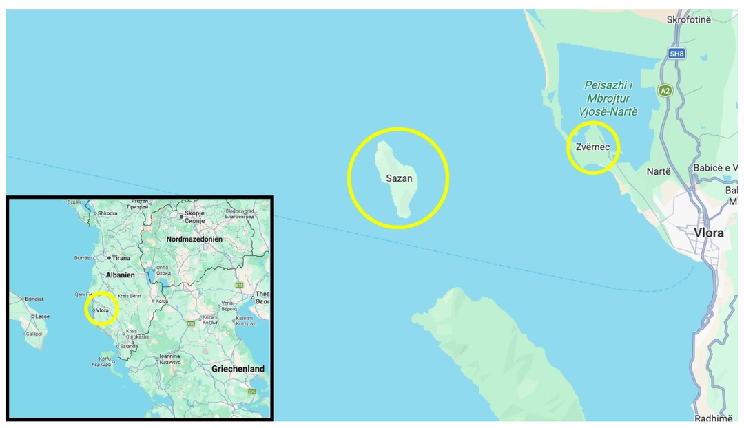 Die Gebiete Sazan und Zvërnec (gelbe Markierungen) liegen im und am Adriatischen Meer in Albanien