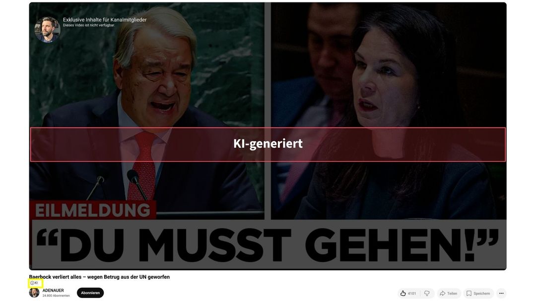 Unter diesem Video steht der KI-Hinweis (gelbe Markierung): „Audioinhalte oder visuelle Inhalte wurden verändert oder vollständig mithilfe von KI generiert“