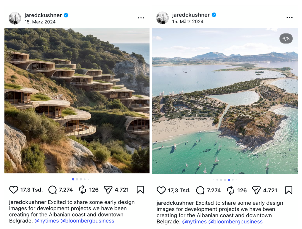 So könnten die Luxusresorts auf Sazan und in Zvërnec laut Jared Kushners Veröffentlichungen von 2024 aussehen